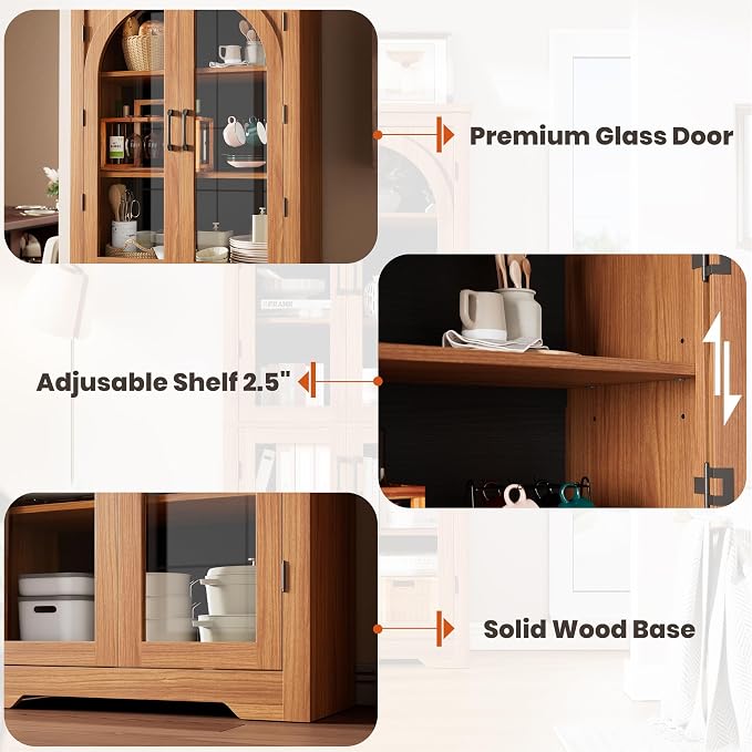 Garvee 70" Tall Kitchen Pantry Cabinet - Modern Display Cabinet with 4 Arched Glass Doors and Adjustable Shelves, Versatile Cupboard Organizers for Kitchen, Dining Room, Living Room, Bathroom, Walnut