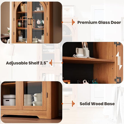 Garvee 70" Tall Kitchen Pantry Cabinet - Modern Display Cabinet with 4 Arched Glass Doors and Adjustable Shelves, Versatile Cupboard Organizers for Kitchen, Dining Room, Living Room, Bathroom, Walnut
