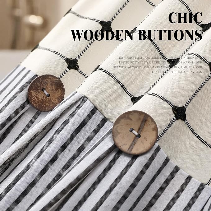 Farmhouse Shower Curtain Button Plaid-Cream-Black Stripe 72"W x 72"L | Farmhouse Style, Chic Button, Striped, Linen Fabric, Rustic, Country, Natural Look, Washable, for Bathroom Bathtub