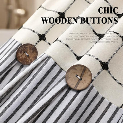 Farmhouse Shower Curtain Button Plaid-Cream-Black Stripe 72"W x 72"L | Farmhouse Style, Chic Button, Striped, Linen Fabric, Rustic, Country, Natural Look, Washable, for Bathroom Bathtub