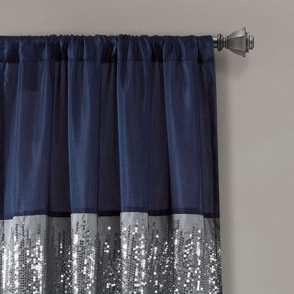 Lush Decor Night Sky Window Curtain Panel, Single 42"W x 95"L Navy & White - Sequin Backdrop Curtain - Room Darkening Curtains For Bedroom - Glam Decor