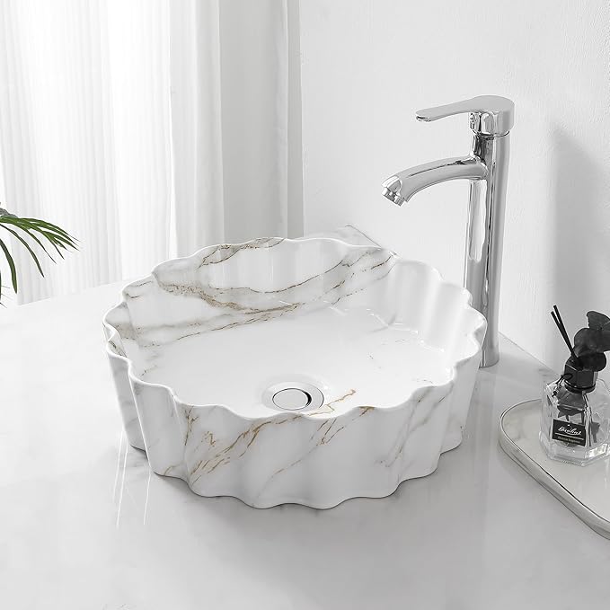 JONATHAN Y SNK1005C 15" Round Bathroom Vessel Sink, Art Deco Scallop Above Counter Vanity Sink, White Marble Finish Ceramic Basin for Modern Powder Room and Lavatory