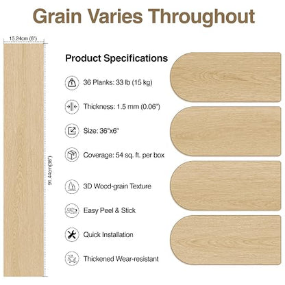 MULGREAT Peel and Stick Floor Tile, 54 Sq.Ft Waterproof Vinyl Flooring, 36 Pieces Wood-Look Self Adhesive Luxury Vinyl Plank Flooring for DIY Bathroom Laundry Bedroom RV Kitchen (Creamy Oak)