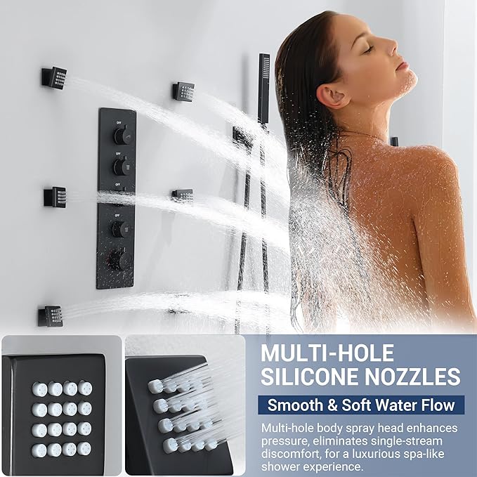 Luxury Thermostatic Rain & Waterfall Shower System with 22” Rain Shower Head & 6 Body Jets, Wall Mounted Shower Faucet Sets with Handheld Sprayer, 3/4” Inlet Thermostatic Valve