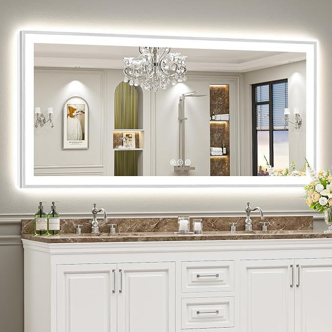 77x36 Inch Brushed Nickel LED Bathroom Mirror, Backlit & Front Lit | Silver Framed Anti-Fog Lighted Vanity Mirror with Lights, 3 Color Dimmable, Memory, HD Tempered Glass, CRI95, IP54, UL Listed