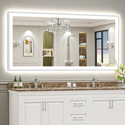 77x36 Inch Brushed Nickel LED Bathroom Mirror, Backlit & Front Lit | Silver Framed Anti-Fog Lighted Vanity Mirror with Lights, 3 Color Dimmable, Memory, HD Tempered Glass, CRI95, IP54, UL Listed