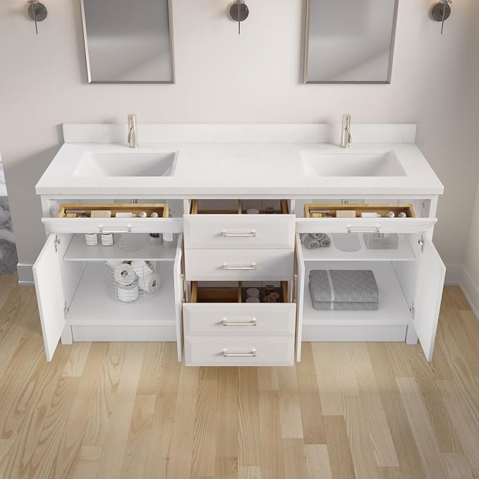 Capri III 72" Double Sink Bathroom Vanity With Stealth Organizer, Solid Wood Bathroom Cabinet with Engineered Stone Countertop & Backspalsh, Soft Closing Door & Drawer, Pre-Assembled, White