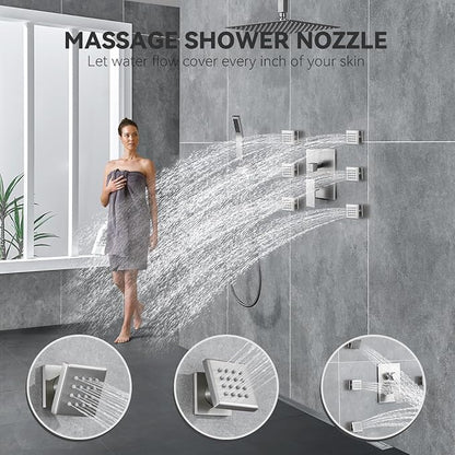 Rain Shower System With Complete 6 Pcs Body Sprays Jets And Pressured Balance Rough-in Valve,12Inch Rainfall Shower Head And Handheld, Modern Brushed Nickel Ceiling Mount Shower Faucet Sets