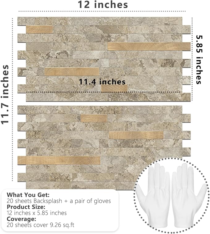 STICKGOO 20 Sheets Peel and Stick Backsplash Tile, Stick on Backsplash for Kitchen and Bathroom, Stone Beige Marble Look PVC Mixed Metal Gold Self Adhesive Wall Tiles