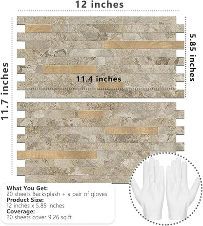 STICKGOO 20 Sheets Peel and Stick Backsplash Tile, Stick on Backsplash for Kitchen and Bathroom, Stone Beige Marble Look PVC Mixed Metal Gold Self Adhesive Wall Tiles