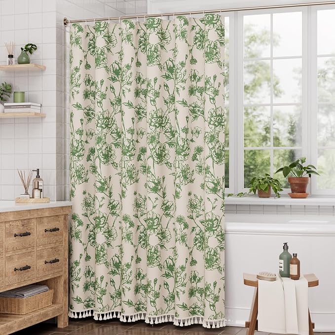 AmazerBath Sage Green Floral Shower Curtain, Modern Farmhouse Shower Curtain Set with Tassels, Rustic Faux Linen Shower Curtain Washable with Hooks for Cottagecore Style, 72x72 Inches