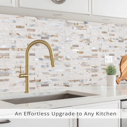 StyloVue 20 Sheets Peel and Stick Backsplash for Kitchen, 2026 Upgraded Ivory Calacatta Marble Look with Silver Metal Accents, Glossy Finish, Stick on Tile for Kitchen Backsplash, RV, Fireplace