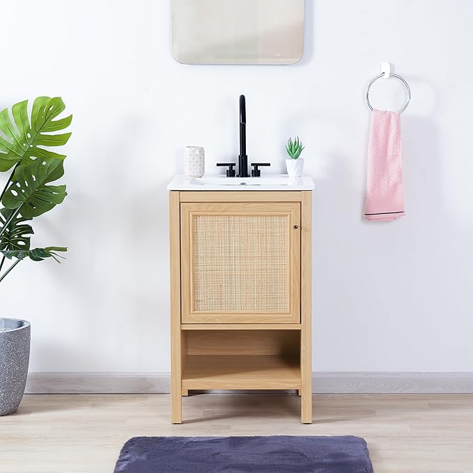 JONATHAN Y VAN1022A Jasper 20 in. W x 18 in. D x 33 in. H Rattan Modern Coastal 2-Shelf Bathroom Vanity Cabinet Only with Soft Closing Doors (Sink Basin Not Included), Oak