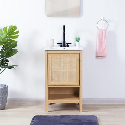JONATHAN Y VAN1022A Jasper 20 in. W x 18 in. D x 33 in. H Rattan Modern Coastal 2-Shelf Bathroom Vanity Cabinet Only with Soft Closing Doors (Sink Basin Not Included), Oak