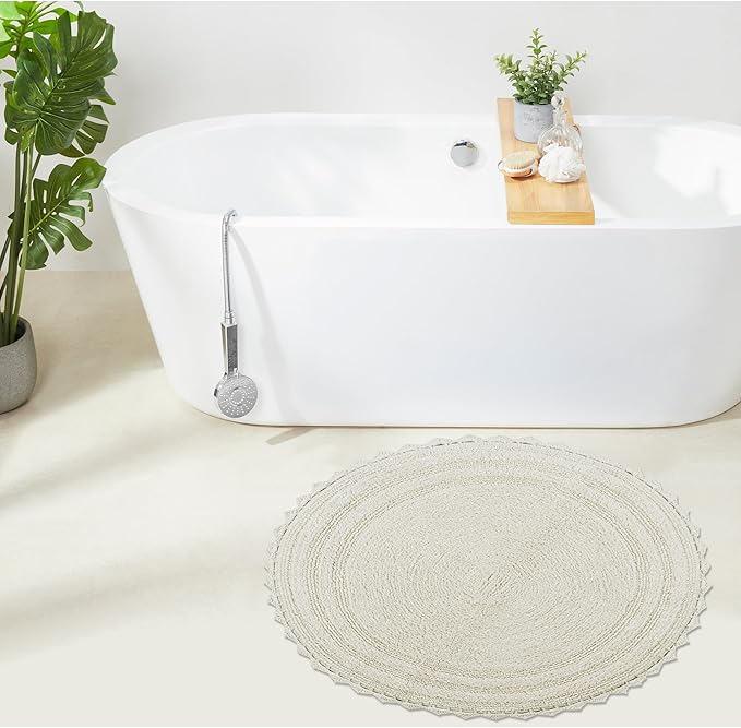 Better Trends Lilly Crochet Round Bath Rugs & Absorbent Bathroom Mat, Reversible Bath Rugs, Bath mats for Bathroom, 100% Cotton Bathmats Washable - 24", Cream Round Rug