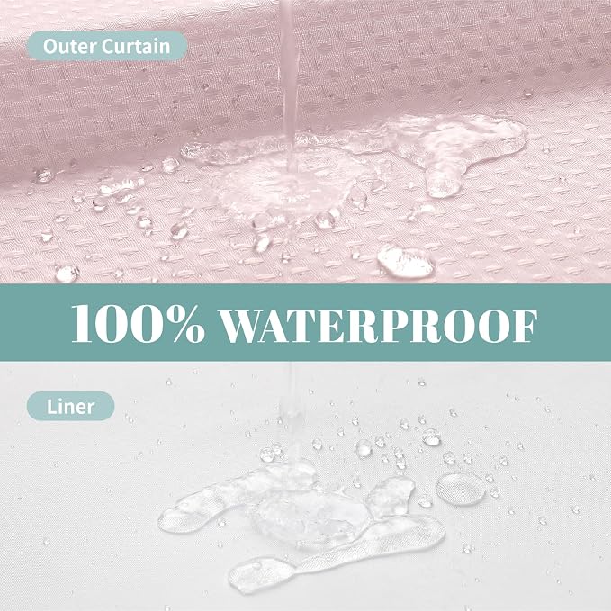 No Hook Waffle Shower Curtain with Snap-in Liner, 71x77 Inch, Blush Pink | 230 GSM waffle weave fabric, waterproof liner set with 2 bottom magnets, mesh top window, washable, for bathroom or hotel use