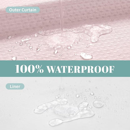 No Hook Waffle Shower Curtain with Snap-in Liner, 54x80 Inch, Blush Pink | 230GSM waffle weave fabric, waterproof liner set with 2 bottom magnets, mesh window, washable, for shower stalls or bathrooms
