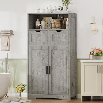Iwell Storage Cabinet with 2 Drawers & 2 Adjustable Shelves, Kitchen Cabinet, Cupboard, for Living Room, Kitchen, Entryway, Home Office, Grey