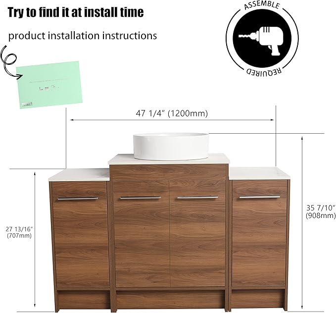 48" Bathroom Vanity, 48 Inch Freestanding Vanity with Ceramic Vessel Sink, Modern Single Sink Bathroom Vanity Combo, Brown Floor Stand Large Storage Cabinet Set(BRE400, 48 * 18)