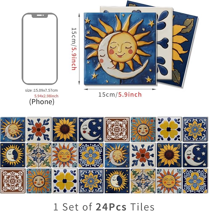 6X6 in Tile Decals Stick on Backsplash for Kitchen Wall,24Pcs | 1.6mm-Thick FOAM+PE Tile Stickers,Sun/Moon Pattern Mexican Tiles for Bathroom,Cabinets,RVs