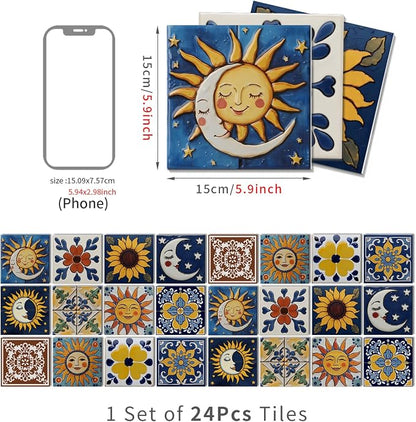 6X6 in Tile Decals Stick on Backsplash for Kitchen Wall,24Pcs | 1.6mm-Thick FOAM+PE Tile Stickers,Sun/Moon Pattern Mexican Tiles for Bathroom,Cabinets,RVs