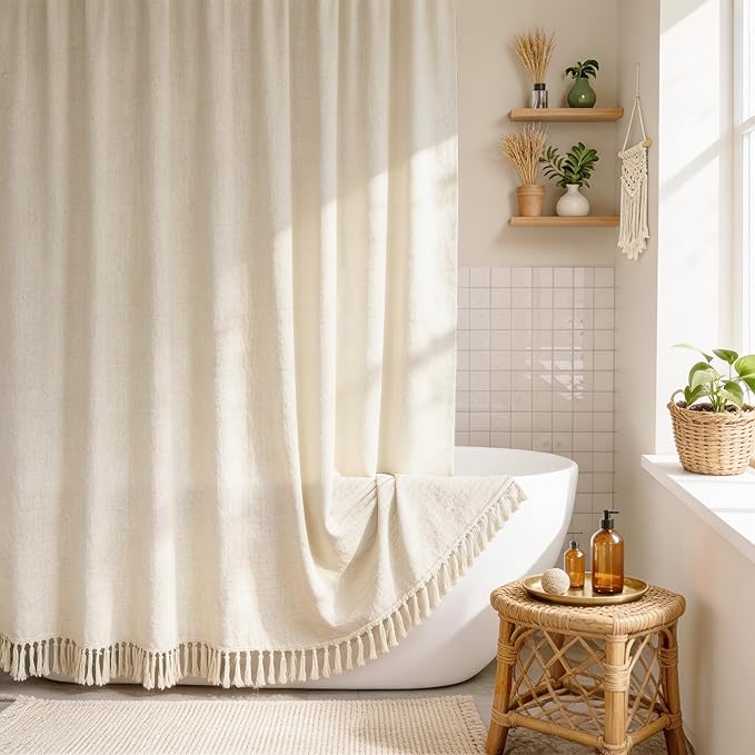 Tassel Linen Shower Curtain Flax Cream, Fabric Boho Farmhouse Shower Curtains for Bathroom Cotton Natural Cloth Liner Set 72" W x 72" L