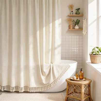Tassel Linen Shower Curtain Flax Cream, Fabric Boho Farmhouse Shower Curtains for Bathroom Cotton Natural Cloth Liner Set 72" W x 72" L