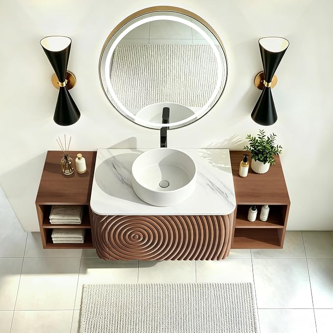 54" Floating Bathroom Vanity with Sink, Mid-Century Wall Mounted Bathroom Vanity Cabinet with Wood Waved Decor,Ceramic Vessel Basin and Sintered Stone Top, Soft Close Drawer, 2 Side Open Cube