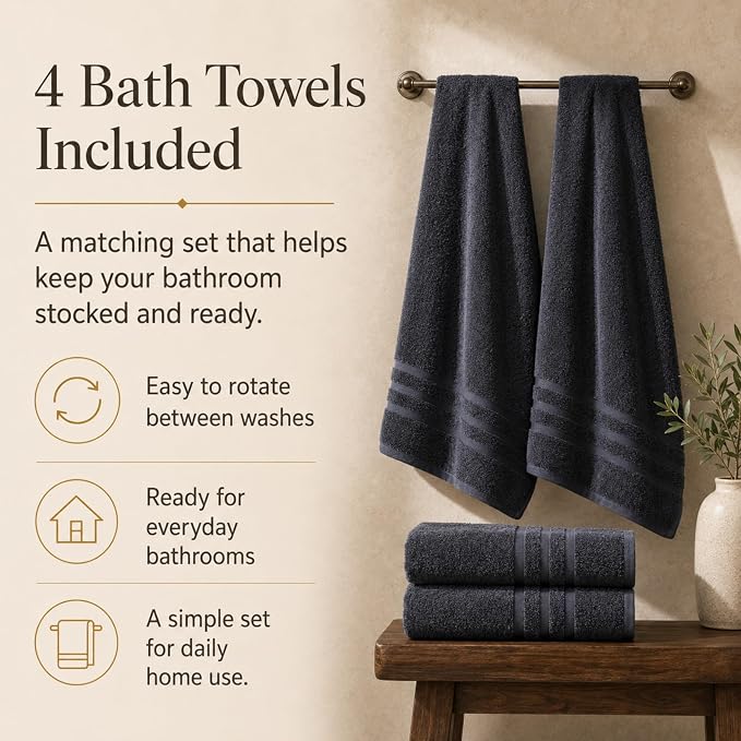 Velqora Bath Towels, 4 Pack, 30 x 60 in, 100% Cotton, Soft, Gray | Balanced Weight | Everyday Comfort | Easy Care