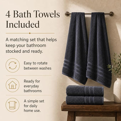 Velqora Bath Towels, 4 Pack, 30 x 60 in, 100% Cotton, Soft, Gray | Balanced Weight | Everyday Comfort | Easy Care