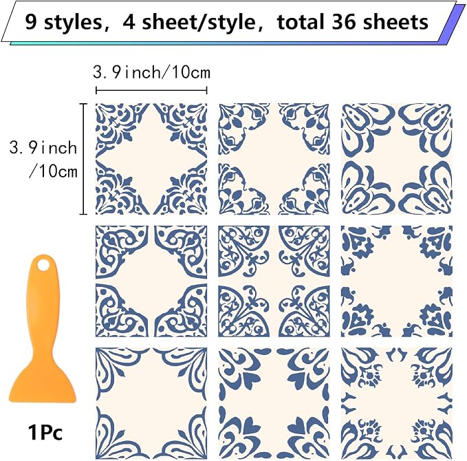 36Pcs 9 Styles Blue and White Tile Stickers 4 x 4 Inch Ceramic Tile Decals Square Flower Pattern Waterproof PVC Peel and Stick Decals for Kitchen Bathroom Backsplash Furniture DIY Decor