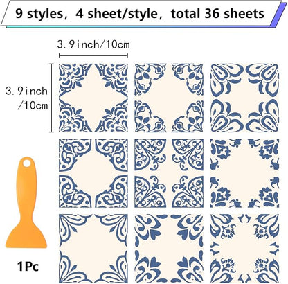 36Pcs 9 Styles Blue and White Tile Stickers 4 x 4 Inch Ceramic Tile Decals Square Flower Pattern Waterproof PVC Peel and Stick Decals for Kitchen Bathroom Backsplash Furniture DIY Decor