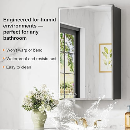 16x24 Inch Medicine Cabinet with Mirror, Aluminum Bathroom Mirror Cabinet, Beveled Edge Mirrored Single Door, Adjustable Shelves, Surface or Recessed Mount Mirrors with Storage, Black