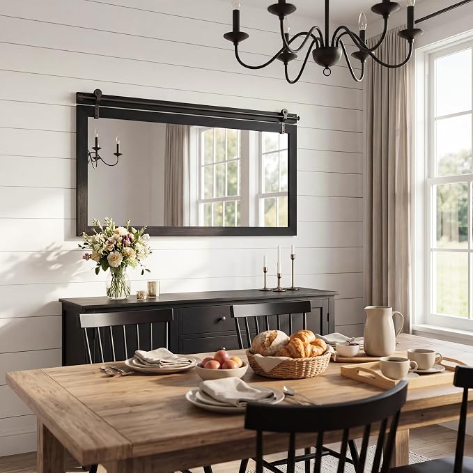 27"x49" Black Wood Grain Barn Door Wall Mirror with Wood Header | 100% solid wood, HD tempered glass, bronze-tone iron rail; large farmhouse wall mirror for double vanity, mantel, entryway