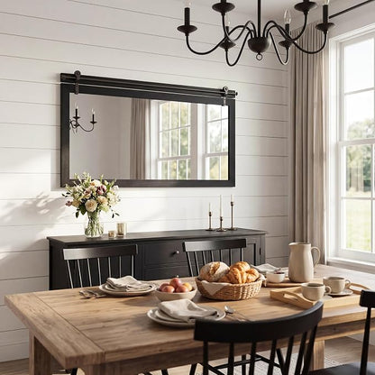 27"x49" Black Wood Grain Barn Door Wall Mirror with Wood Header | 100% solid wood, HD tempered glass, bronze-tone iron rail; large farmhouse wall mirror for double vanity, mantel, entryway