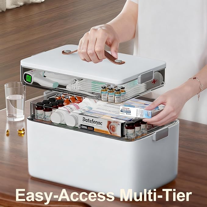 Spreezy 3-Tier Medicine Storage Box, Portable Empty First Aid Kit | Cabinet with Leather Handles. Large Capacity Multifunctional Storage Box with Lid and Clasp for Medicine, Sewing, Art, Craft