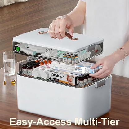 Spreezy 3-Tier Medicine Storage Box, Portable Empty First Aid Kit | Cabinet with Leather Handles. Large Capacity Multifunctional Storage Box with Lid and Clasp for Medicine, Sewing, Art, Craft