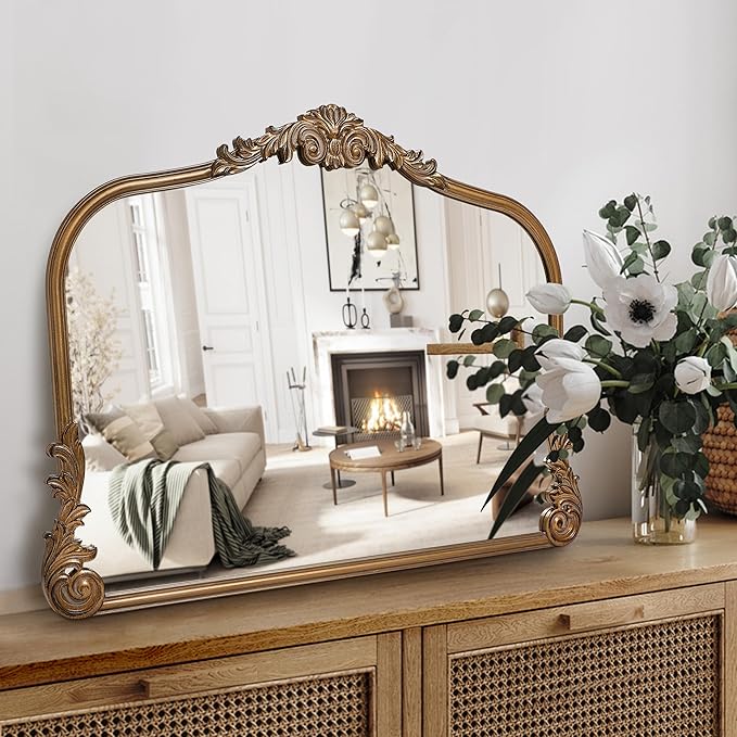 English Estate Carved Arch Wood Wall Mirror, Mirror for Entryway, Living Room, Bathroom, Antique Gold, 26x37