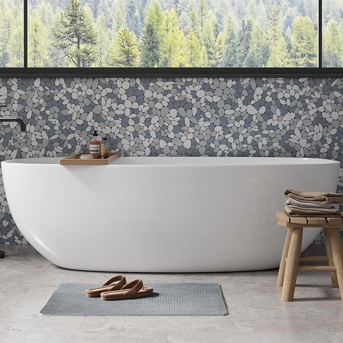 Grey Pebble Tile for Shower Floor, 12"x12" Backsplash Tiles, 5 SqFt | Slip-resistant Sliced Pebble Mosaic for Bathroom, Kitchen, Walls & Outdoor Areas, Mesh-Backed Easy to Install, Long Oval