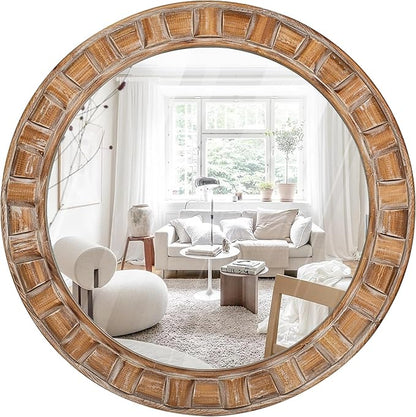 30 Inch Brown Solid Wood Round Wall Mirrors, Decorative Circle Mirror for Bathroom, Bedroom, Living Room, Hallway, Foyer, Entryway