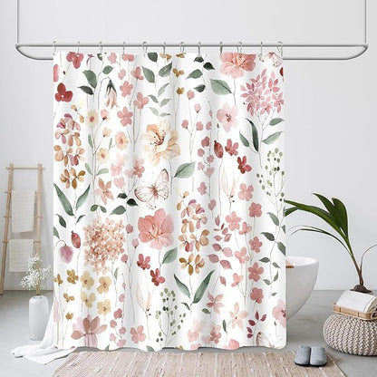 Coral Pink Floral Shower Curtain 60x72, Watercolor Flower Fabric Shower Curtain for Bathroom, Peach Pink Cute Wildflower Butterfly Cloth Shower Curtain Set with Hooks