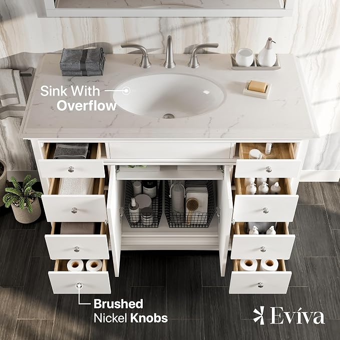 Modern Freestanding Bathroom Vanities - Solid Wood White 42 Inch Bathroom Sink Cabinet - Free-Standing Vanity Sinks for Bathrooms w/Brushed Nickel Knobs/Handles and Porcelain Vanity Sink