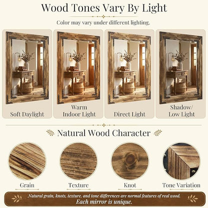 Rustic Brown 30x40 Inch Wood Bathroom Vanity Mirror, Rivets | Farmhouse style, deep weathered grain, larger vanities, mantels, dressers and entry consoles