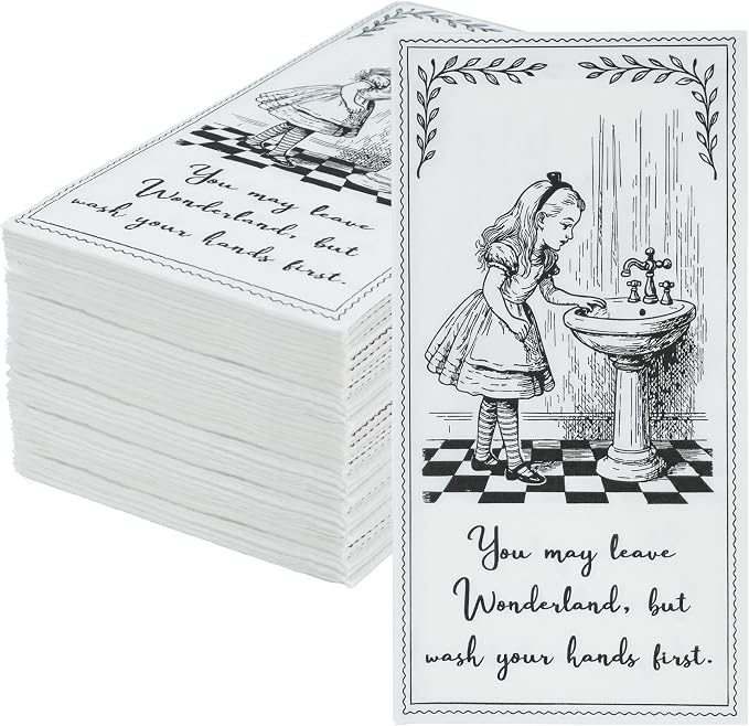 60 x Alice in Wonderland Paper Guest Towels, Disposable Guest Towels for Bathroom, Restroom, Birthday Tea Parties, Decorative Paper Hand Towel for Weddings, British Brand, 8 Fold, 4 x 7.75 in Folded