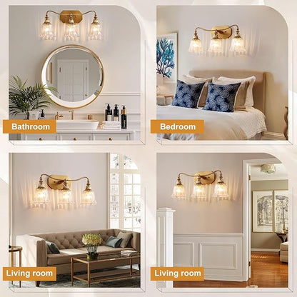 Gold Bathroom Vanity Light Fixture, 3 Lights Bathroom Lighting Matte Antique Brass Finish with Crystal Glass Shade, Gold Vintage Vanity Light for Bathrooms