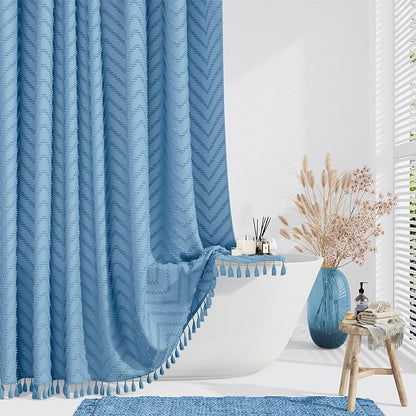 Extra Long Boho Shower Curtain Tufted Chevron 72x96 Moonlight Blue | 96 Inch Tall, Elegant Tassel, Lightweight Textured Fabric, Water Repellent, Washable, Hotel Spa, for Bathroom/Dorm 12 Hooks
