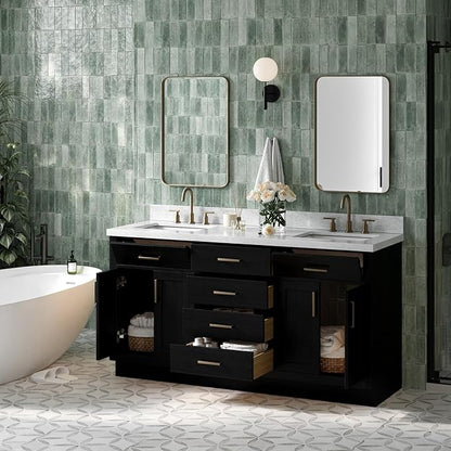 ARIEL Hepburn 66-inch Bathroom Vanity with Sink,Solid Wood, 1.5-inch Italian Carrara Marble Countertop, Double Rectangular Porcelain Sink, 4 Soft Closing Doors, 6 Dovetail Drawers, Black Oak