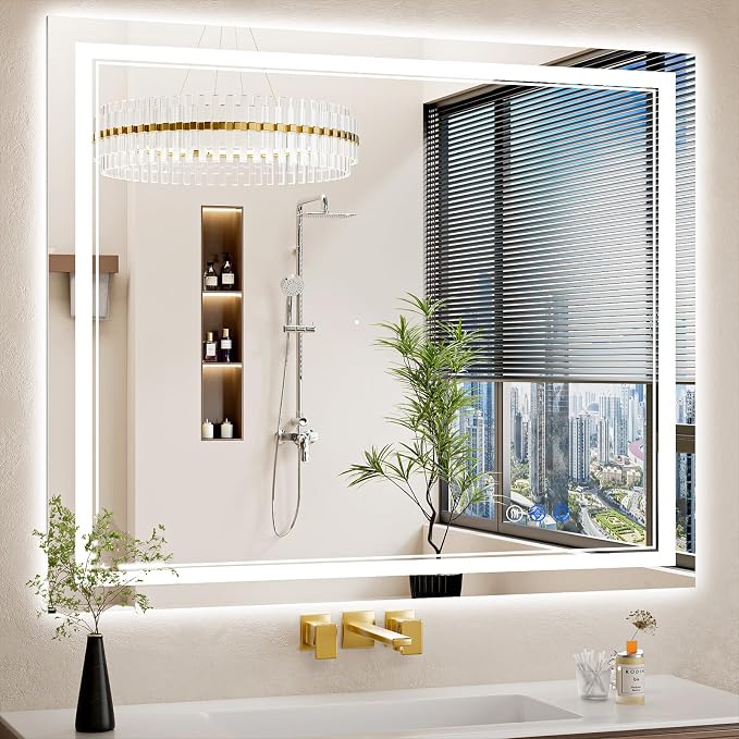36"x44" LED Bathroom Mirror with Lights, Anti-Fog, Backlit + Front Lit, Dimmable, Led Vanity Mirror for Wall, Lighted Bathroom Mirror, 14 Colors, Shatter-Proof Tempered Glass