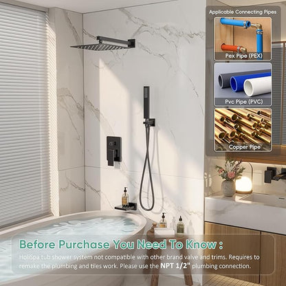 Black Shower System with Tub Spout, All Metal Tub Shower Faucet Set with 10" Rain Shower Head and Handheld Spray combo, Wall Mounted Tub Shower Systems with Valve and Trim Kit, Matte Black