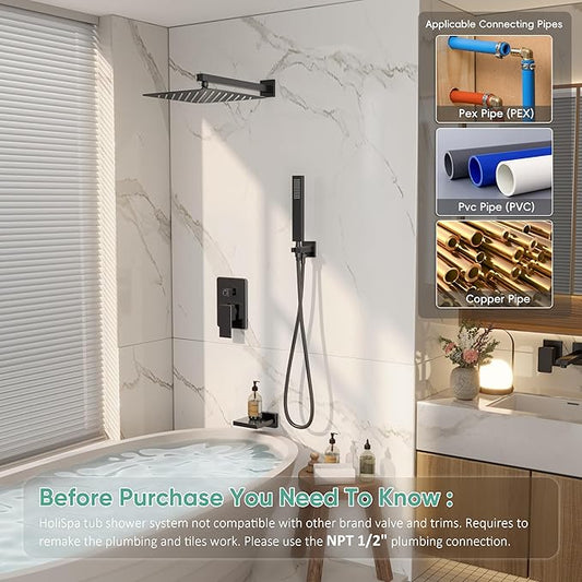 Black Shower System with Tub Spout, All Metal Tub Shower Faucet Set with 10" Rain Shower Head and Handheld Spray combo, Wall Mounted Tub Shower Systems with Valve and Trim Kit, Matte Black